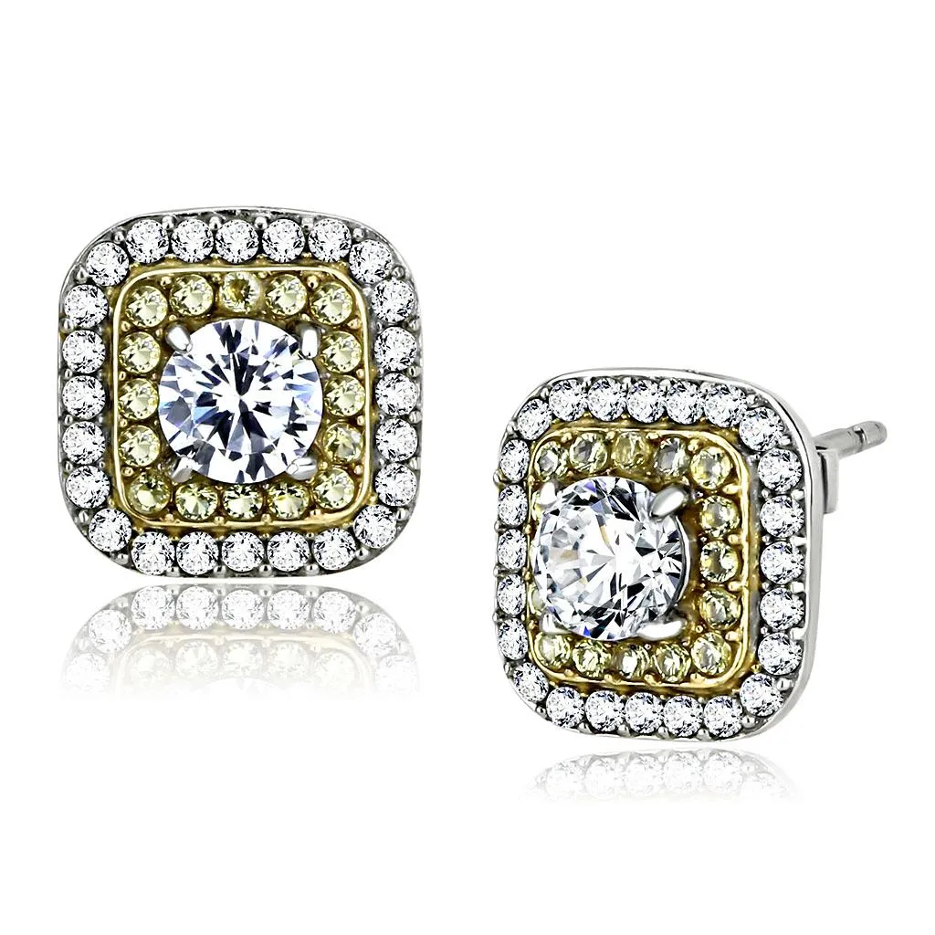 Two-Tone IP Gold (Ion Plating) Stainless Steel Earrings with AAA Grade CZ in Clear for Women Clear Stone Color Style DA220