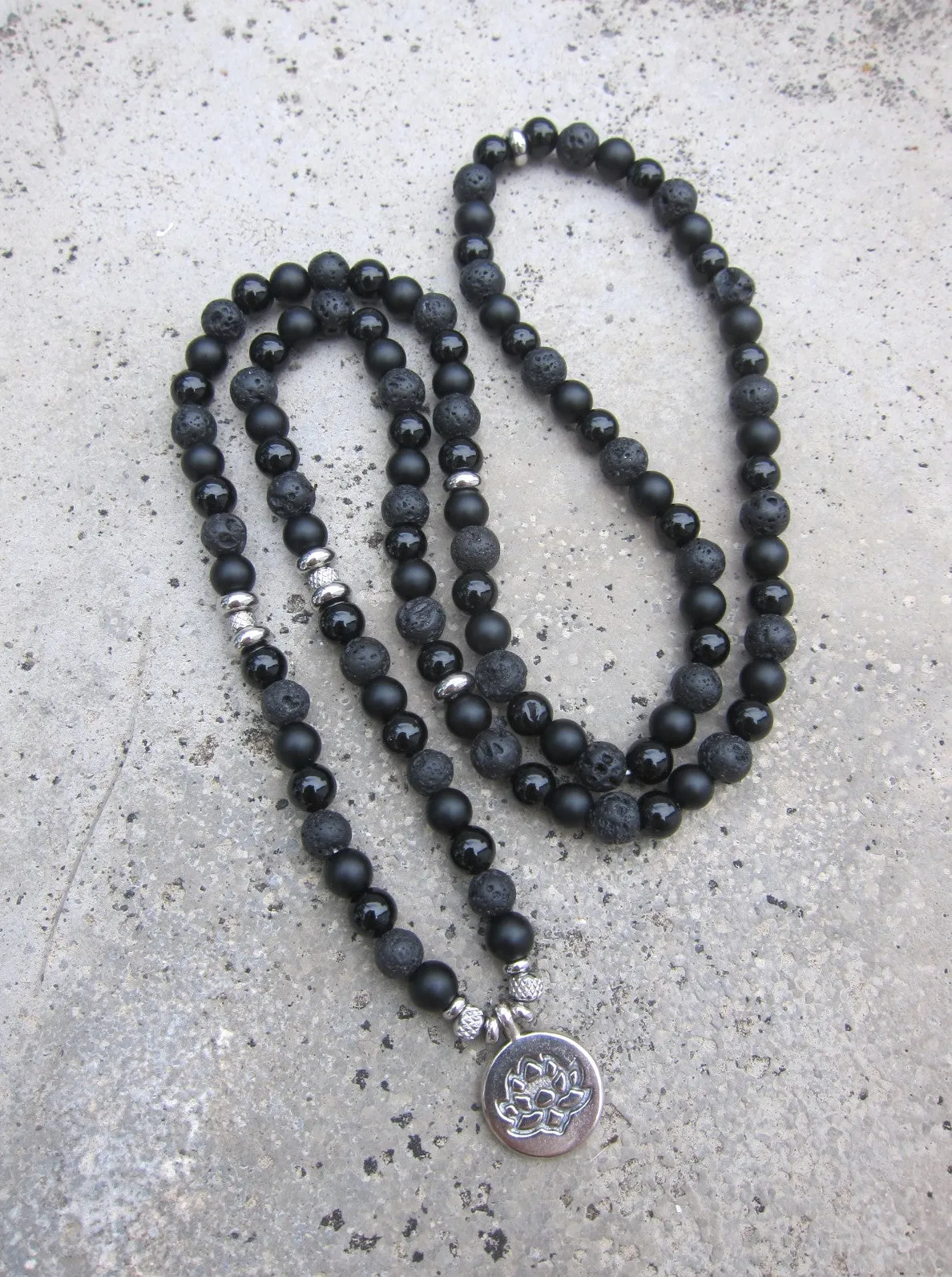 Unisex 108 Bead Mala in Black Onyx, Black Lava, Lotus Mala Necklace/Bracelet