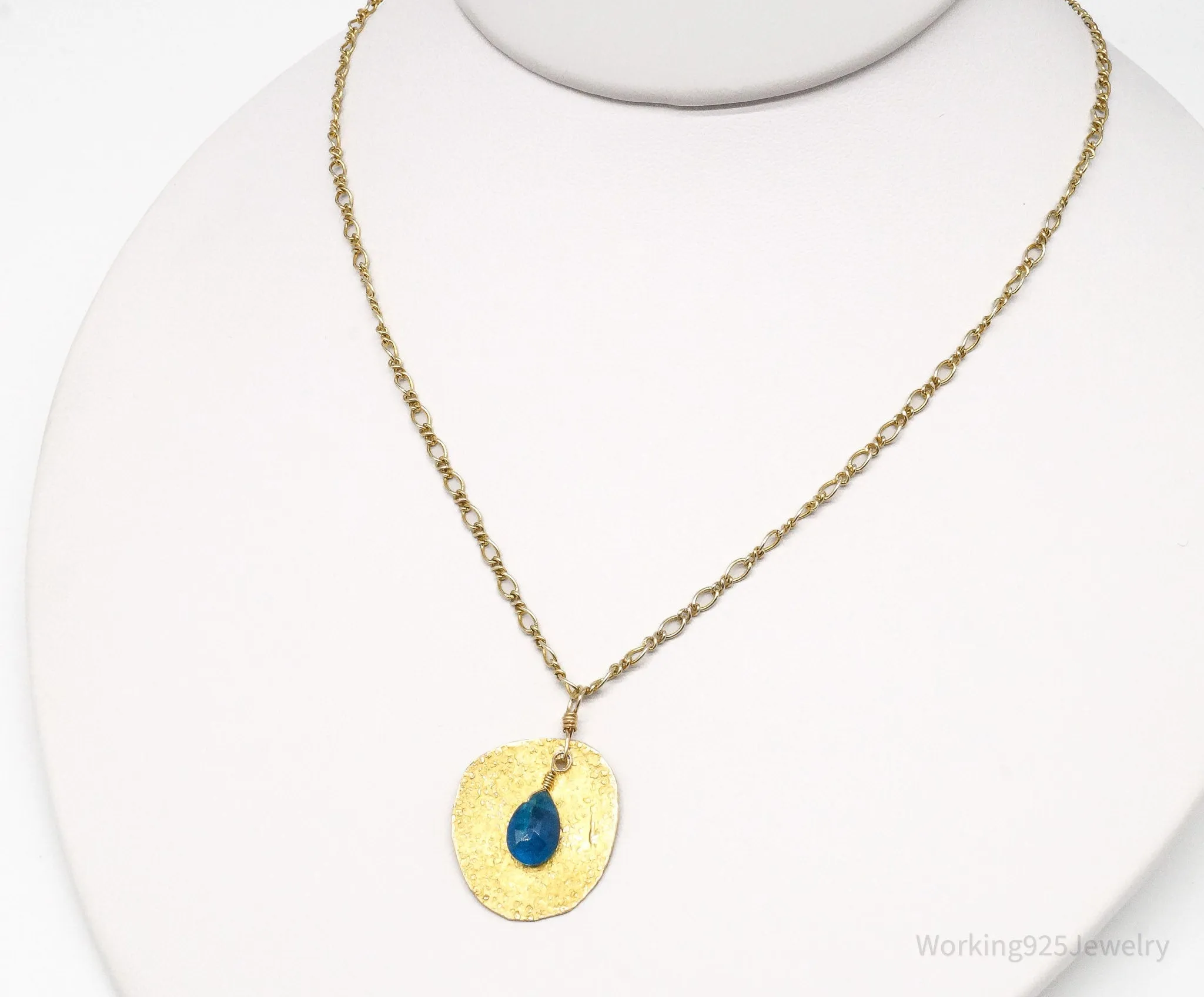 Vintage Blue Stone Hammered Style Gold Vermeil Sterling Silver Necklace 18"