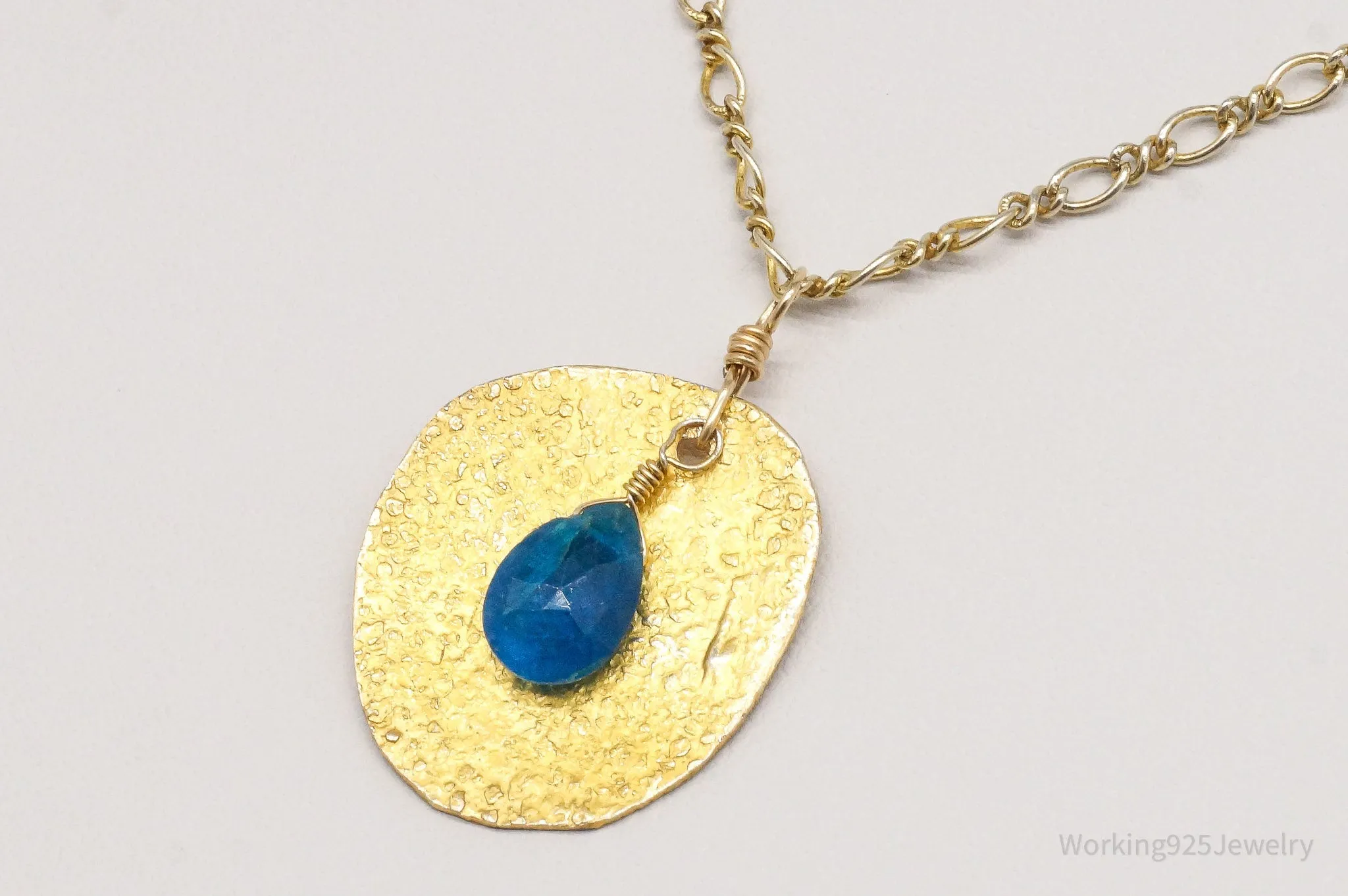 Vintage Blue Stone Hammered Style Gold Vermeil Sterling Silver Necklace 18"