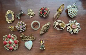 Vintage Brooch Pin Lot Faux Pearl Rhinestone Enamel Locket Gold Tone