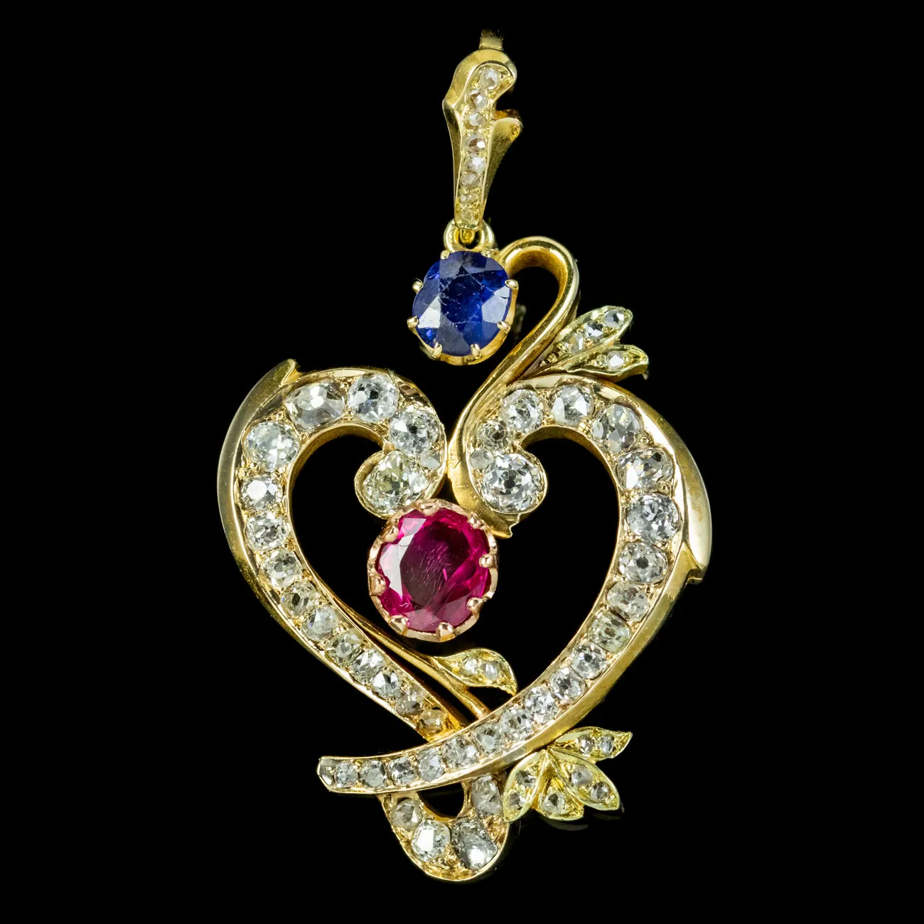 Vintage Diamond Ruby Sapphire Heart Pendant 18ct Gold