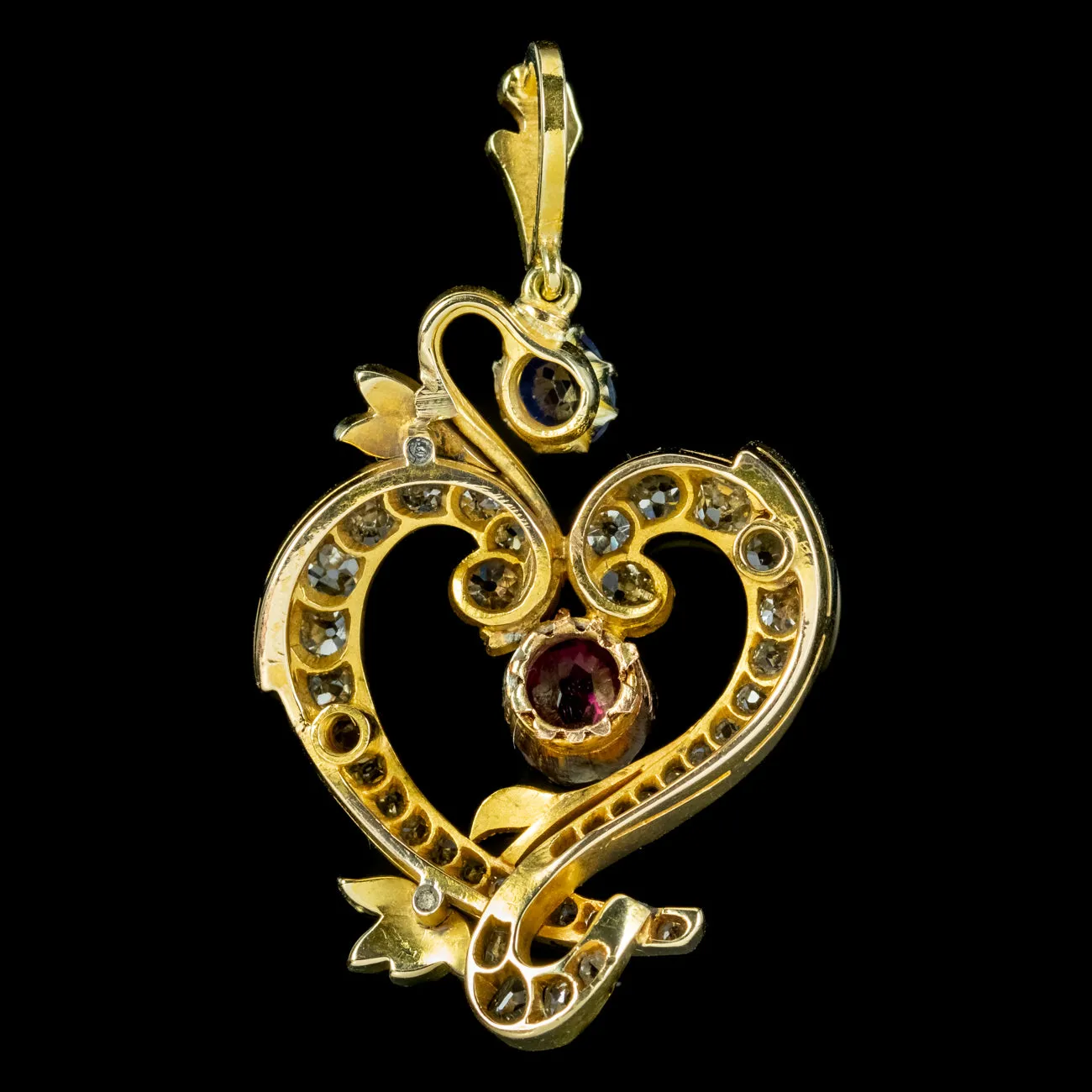 Vintage Diamond Ruby Sapphire Heart Pendant 18ct Gold