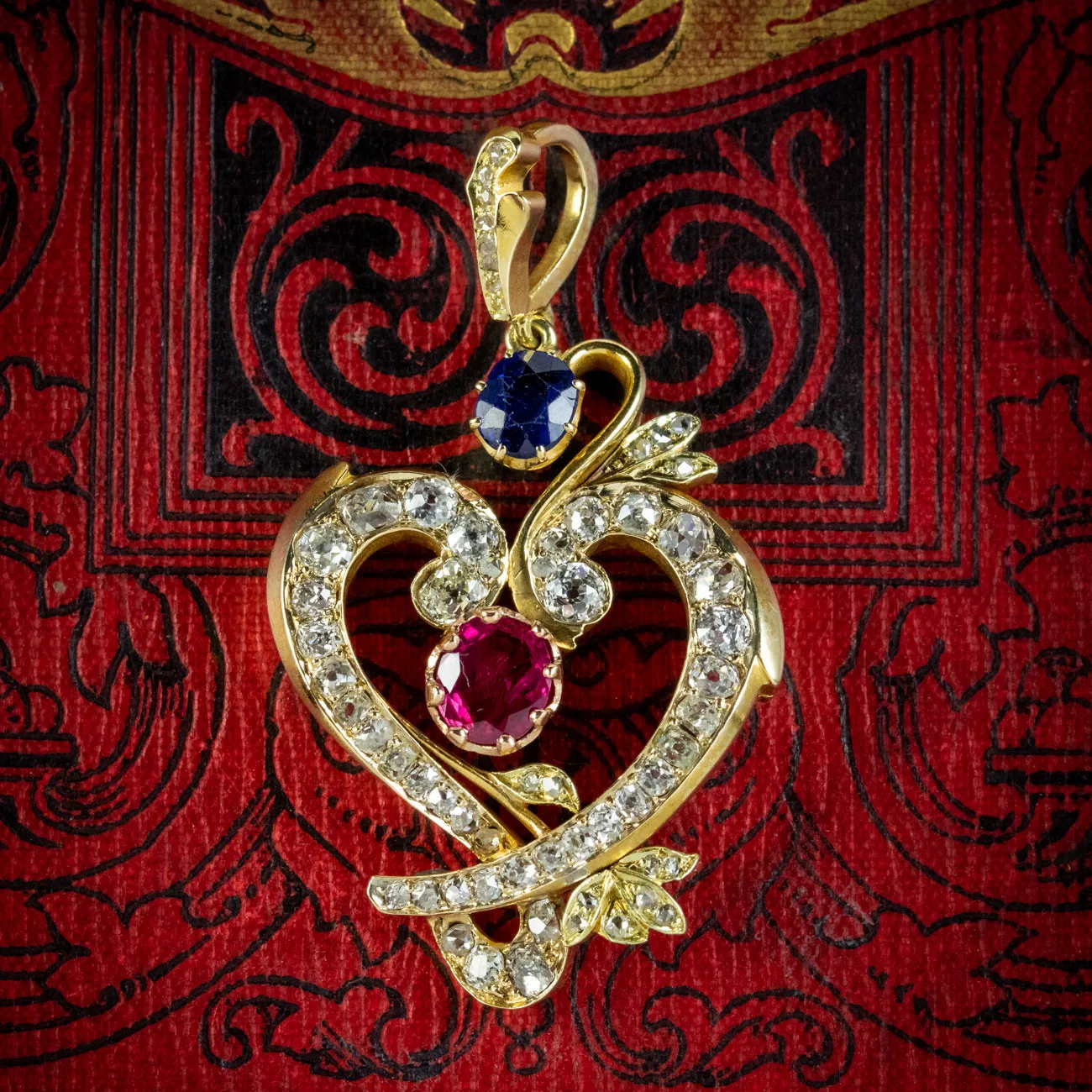 Vintage Diamond Ruby Sapphire Heart Pendant 18ct Gold