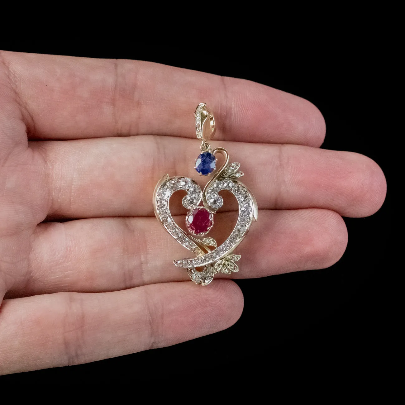 Vintage Diamond Ruby Sapphire Heart Pendant 18ct Gold