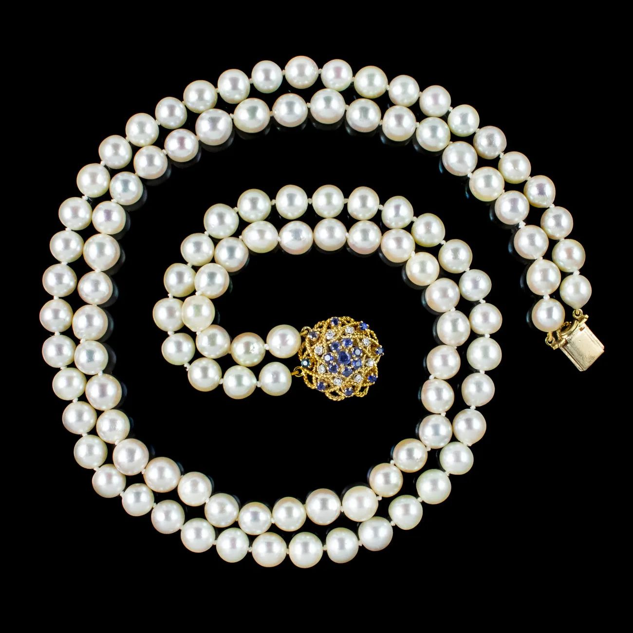 Vintage Double Strand Pearl Necklace Sapphire Diamond Clasp