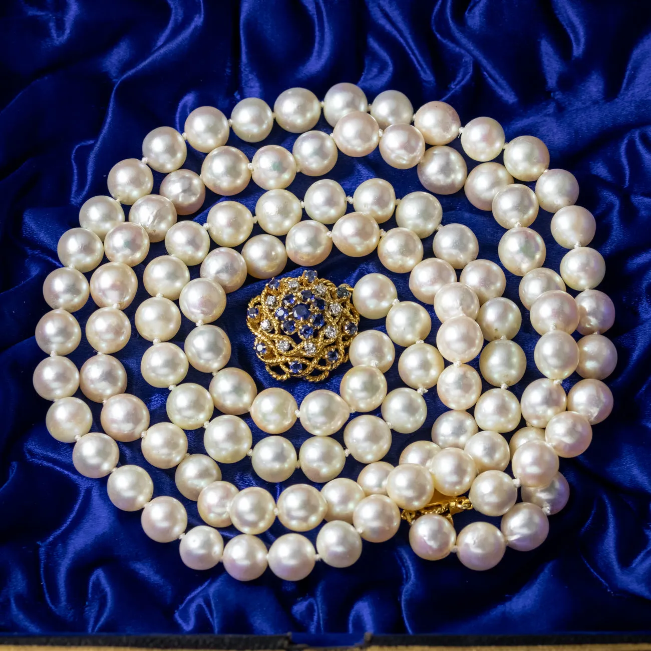 Vintage Double Strand Pearl Necklace Sapphire Diamond Clasp