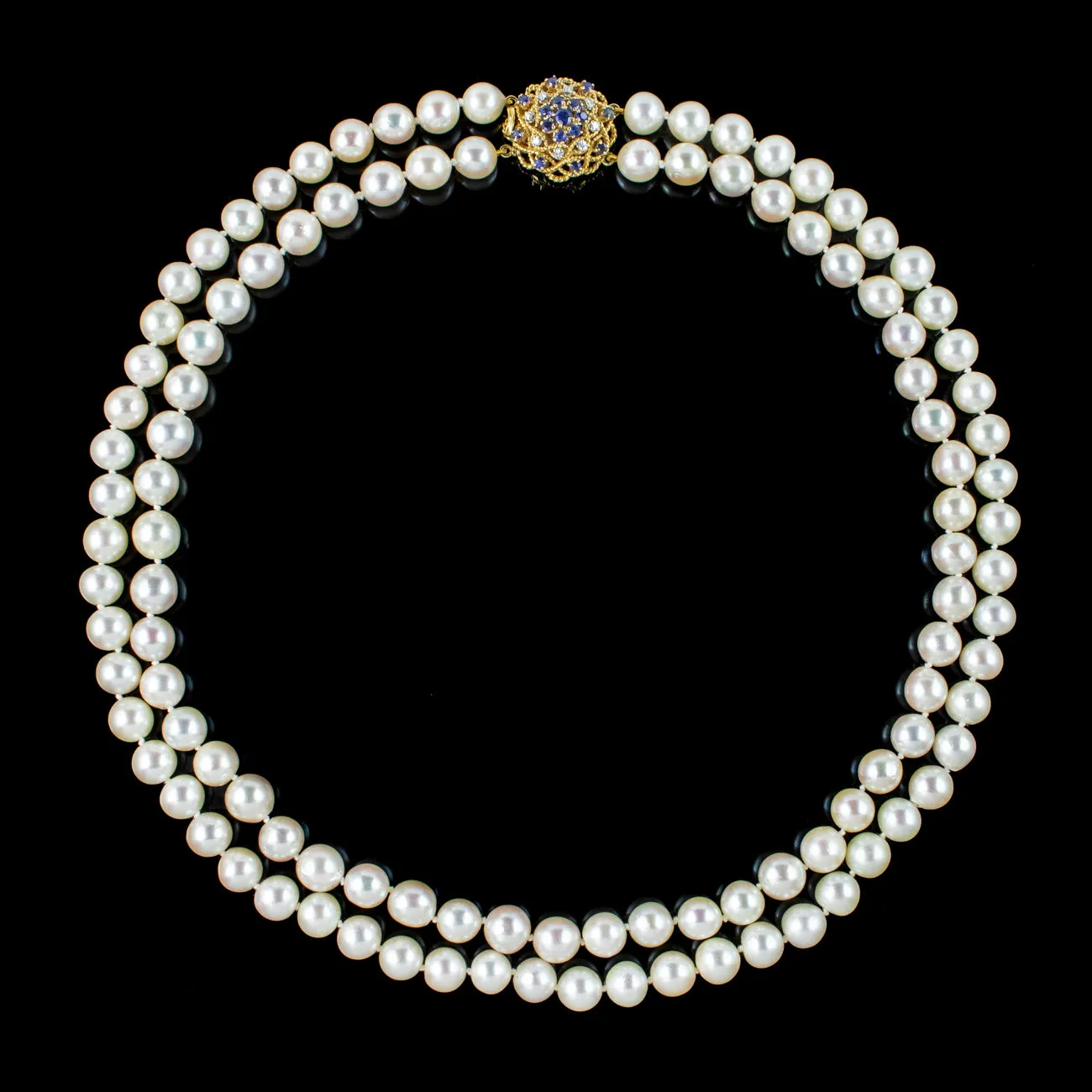 Vintage Double Strand Pearl Necklace Sapphire Diamond Clasp