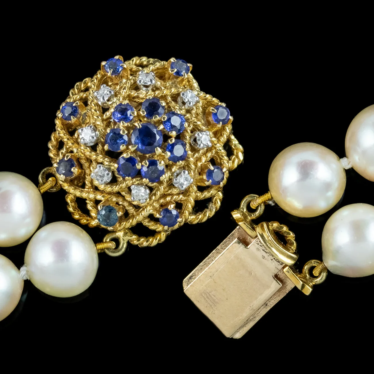 Vintage Double Strand Pearl Necklace Sapphire Diamond Clasp