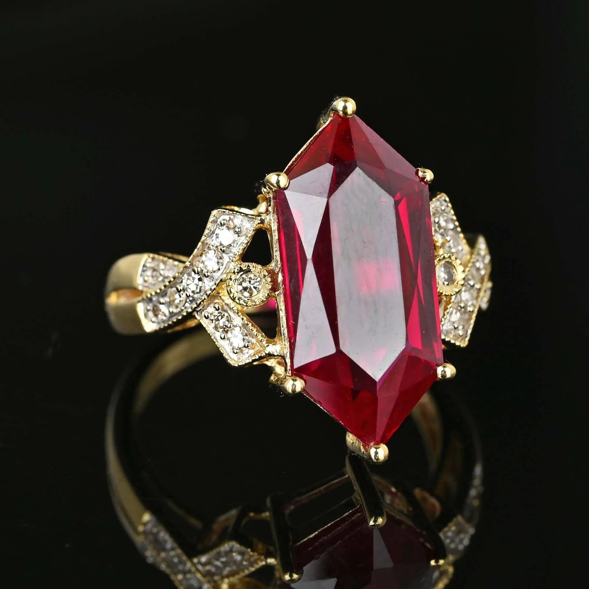 Vintage Fancy Cut Hexagon Ruby and Diamond Accent Ring