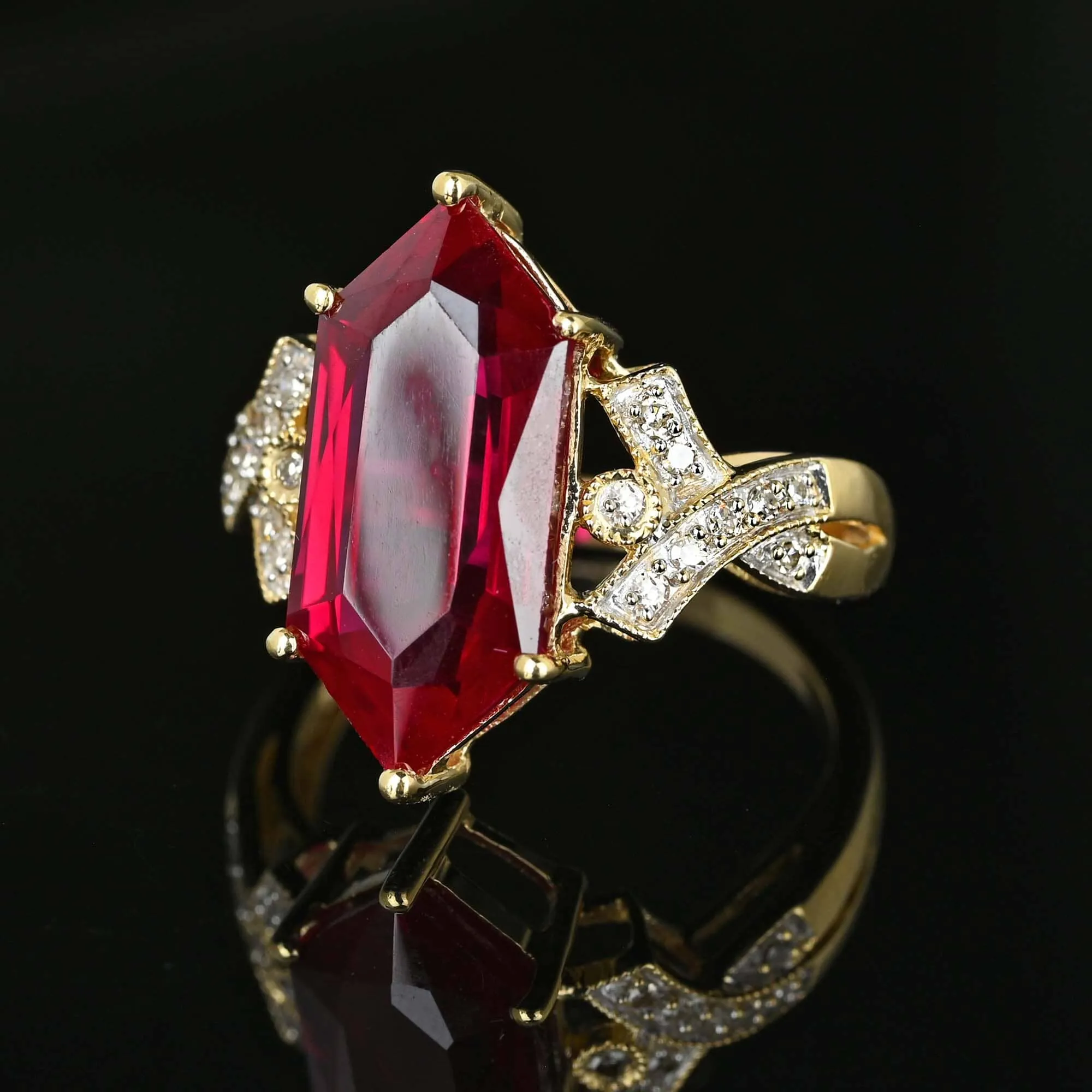 Vintage Fancy Cut Hexagon Ruby and Diamond Accent Ring