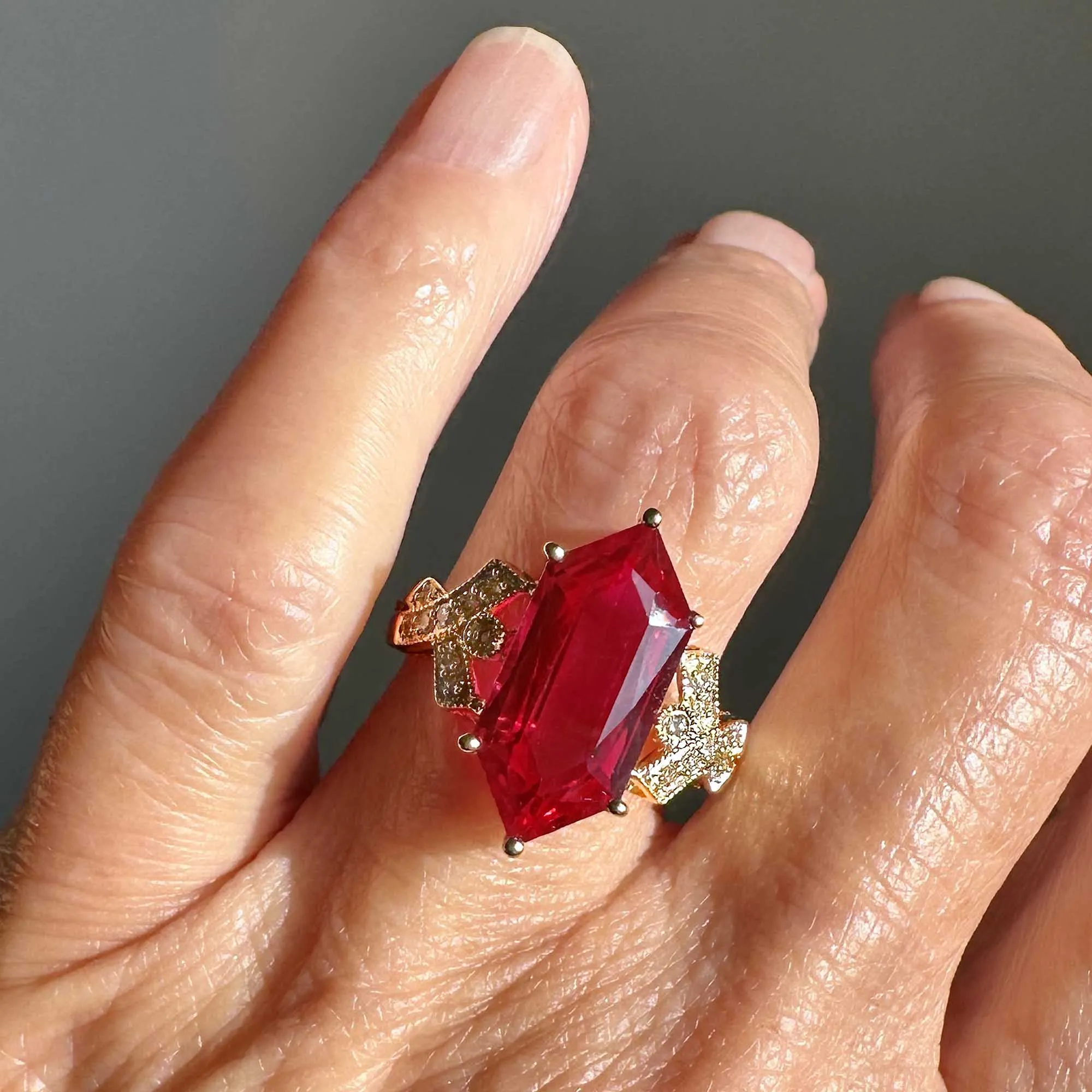 Vintage Fancy Cut Hexagon Ruby and Diamond Accent Ring