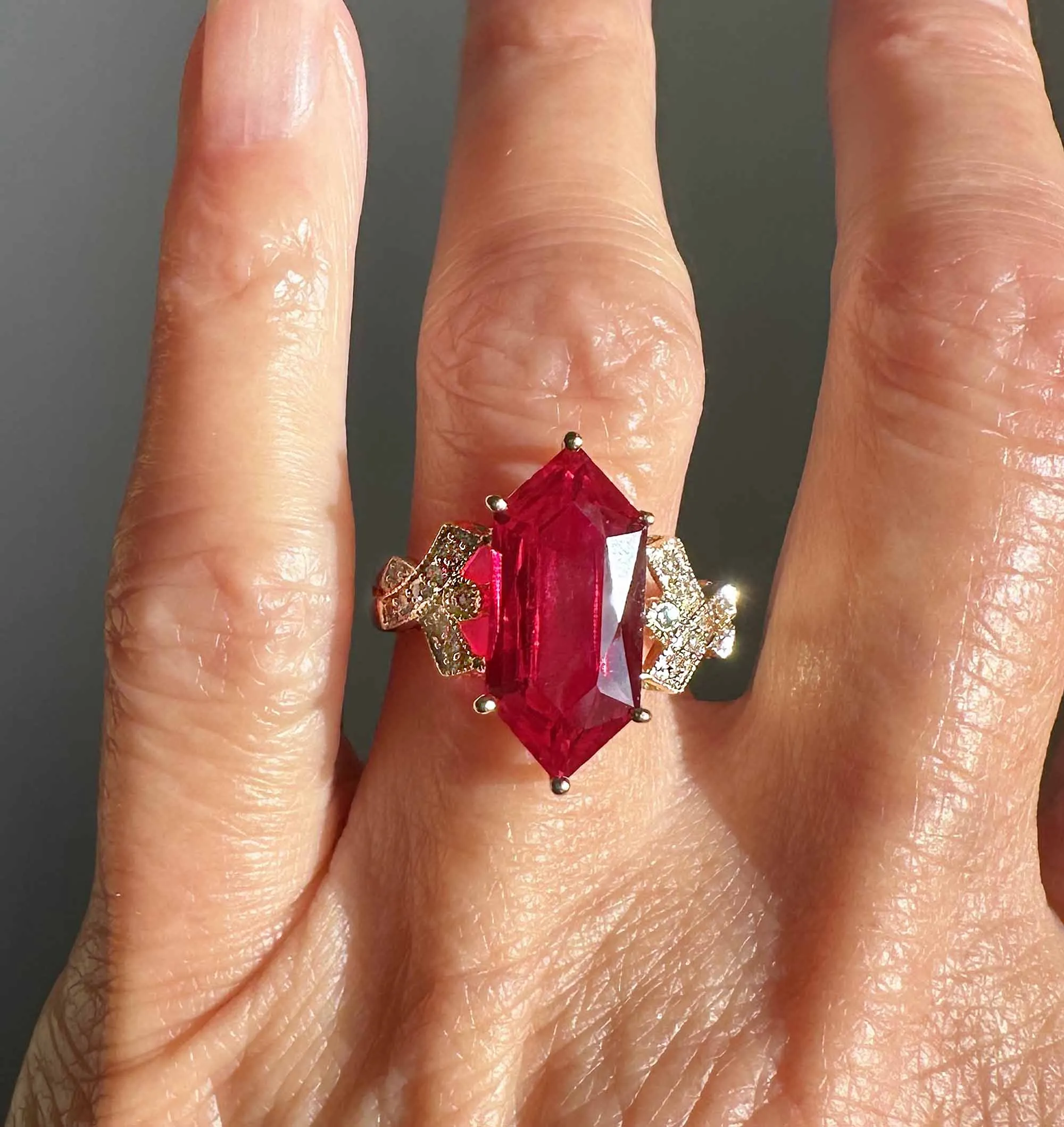 Vintage Fancy Cut Hexagon Ruby and Diamond Accent Ring