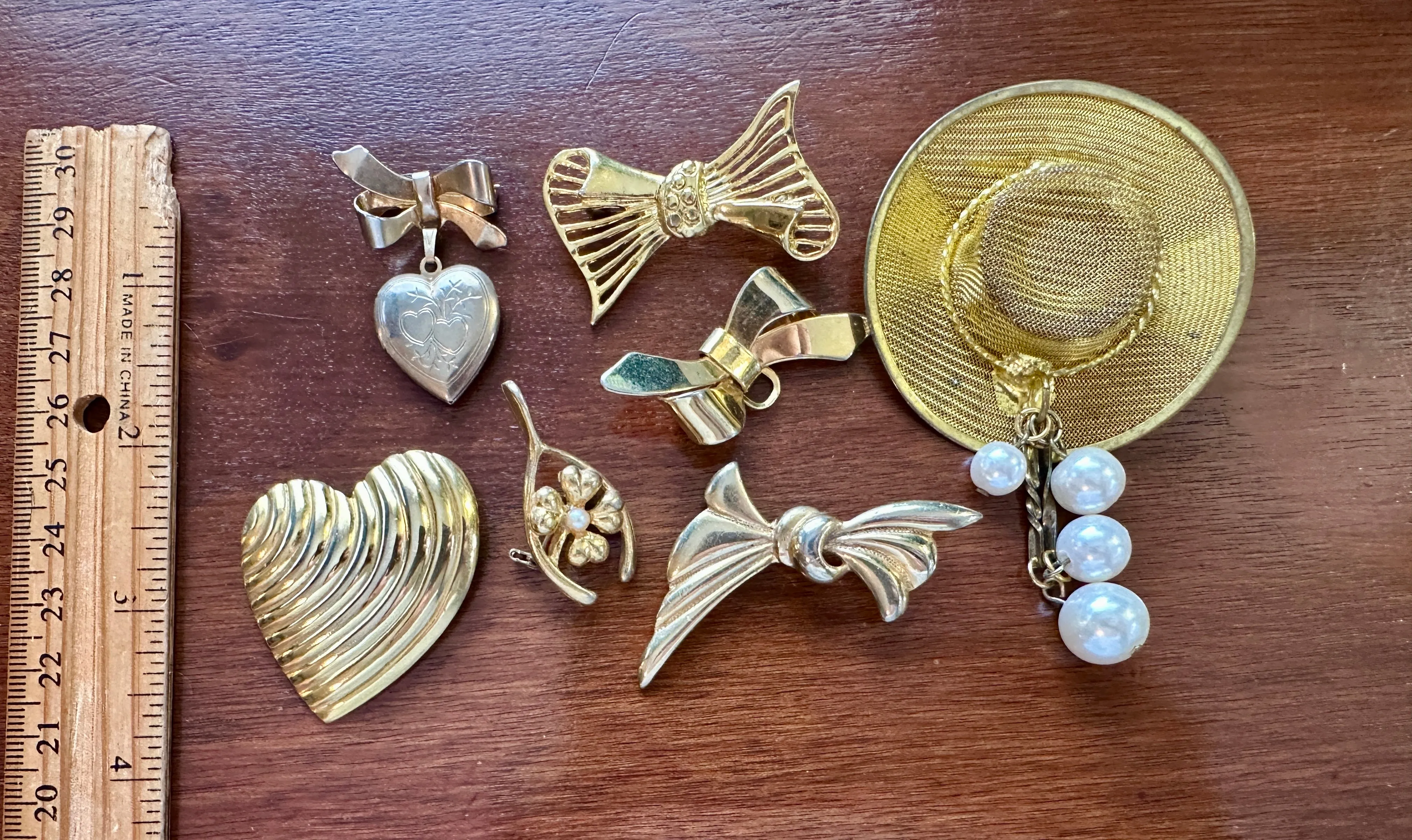 Vintage Gold Tone Sweet Brooch Lot Ribbons Heart Locket Faux Pearl Wishbone More