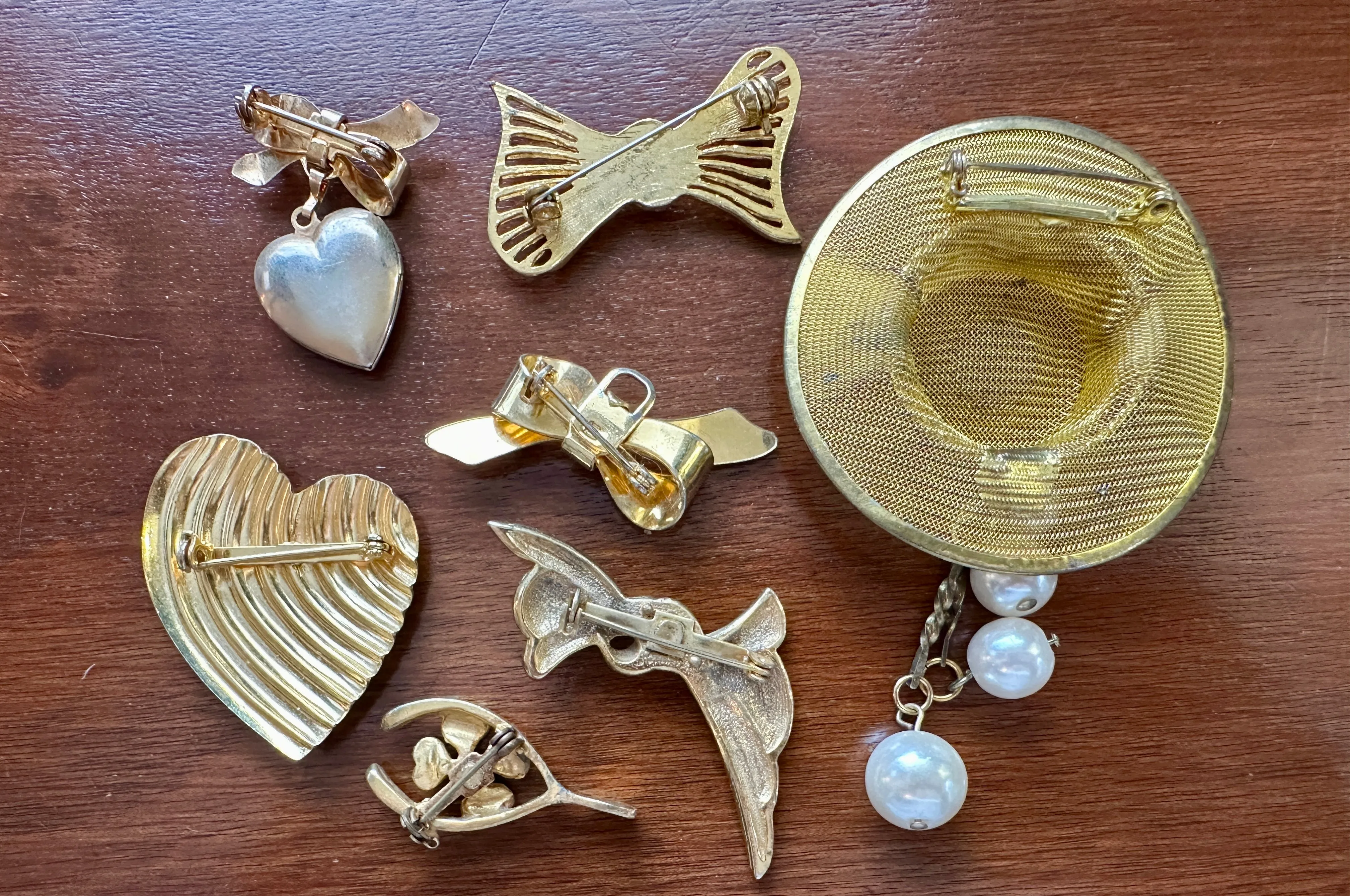 Vintage Gold Tone Sweet Brooch Lot Ribbons Heart Locket Faux Pearl Wishbone More