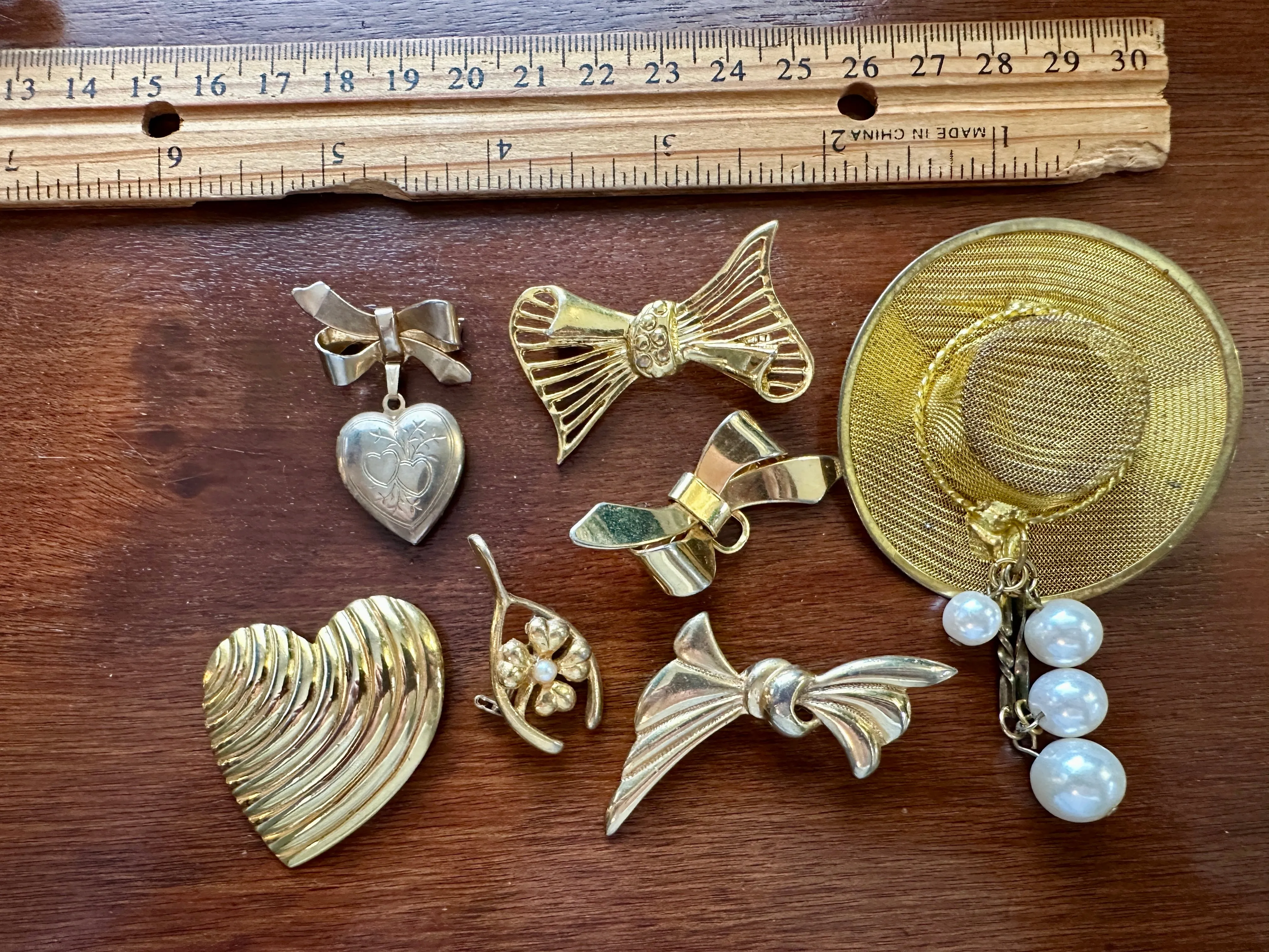 Vintage Gold Tone Sweet Brooch Lot Ribbons Heart Locket Faux Pearl Wishbone More