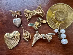 Vintage Gold Tone Sweet Brooch Lot Ribbons Heart Locket Faux Pearl Wishbone More