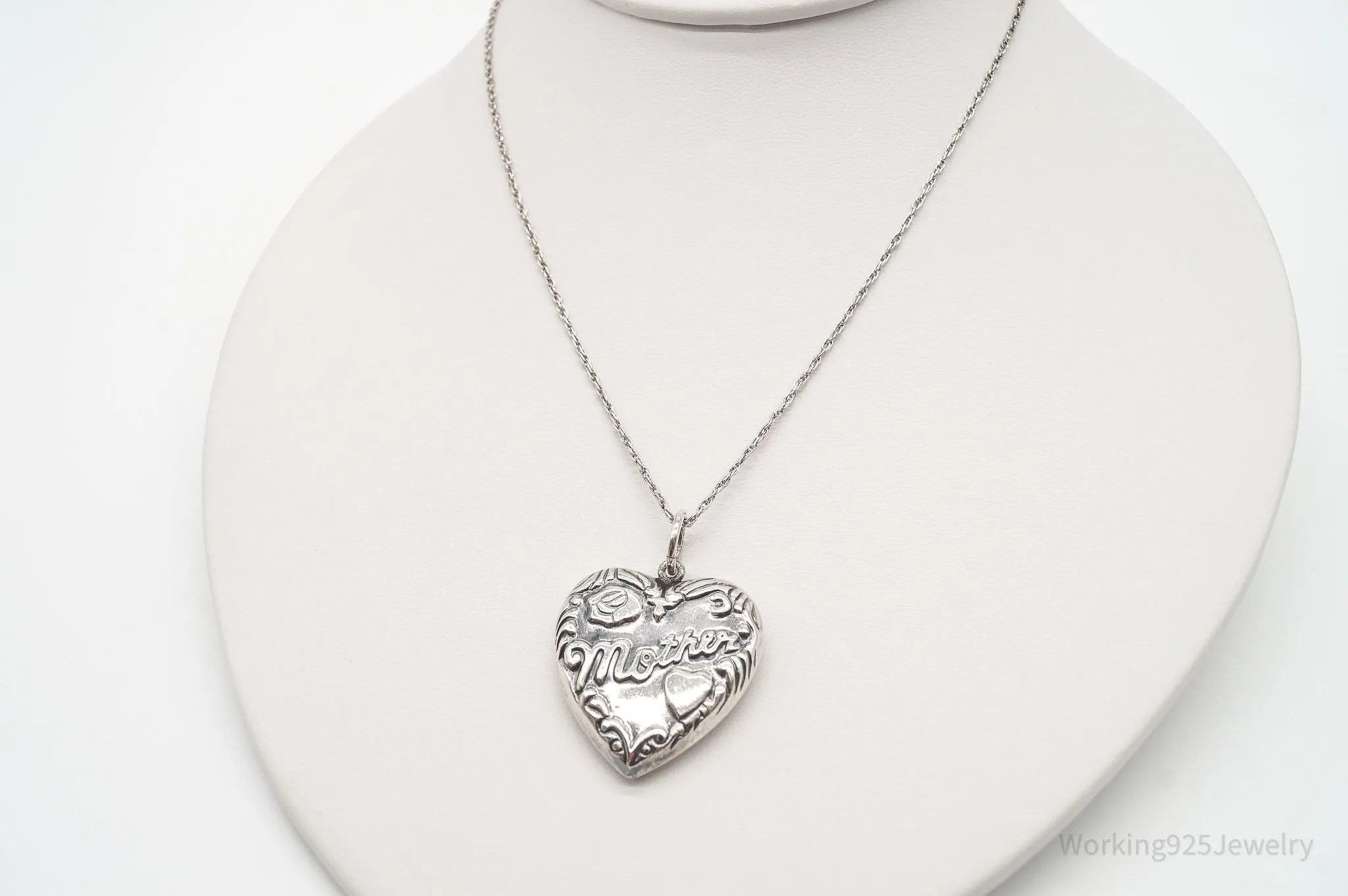 Vintage Large Puffy Heart Mother Charm Sterling Silver Necklace