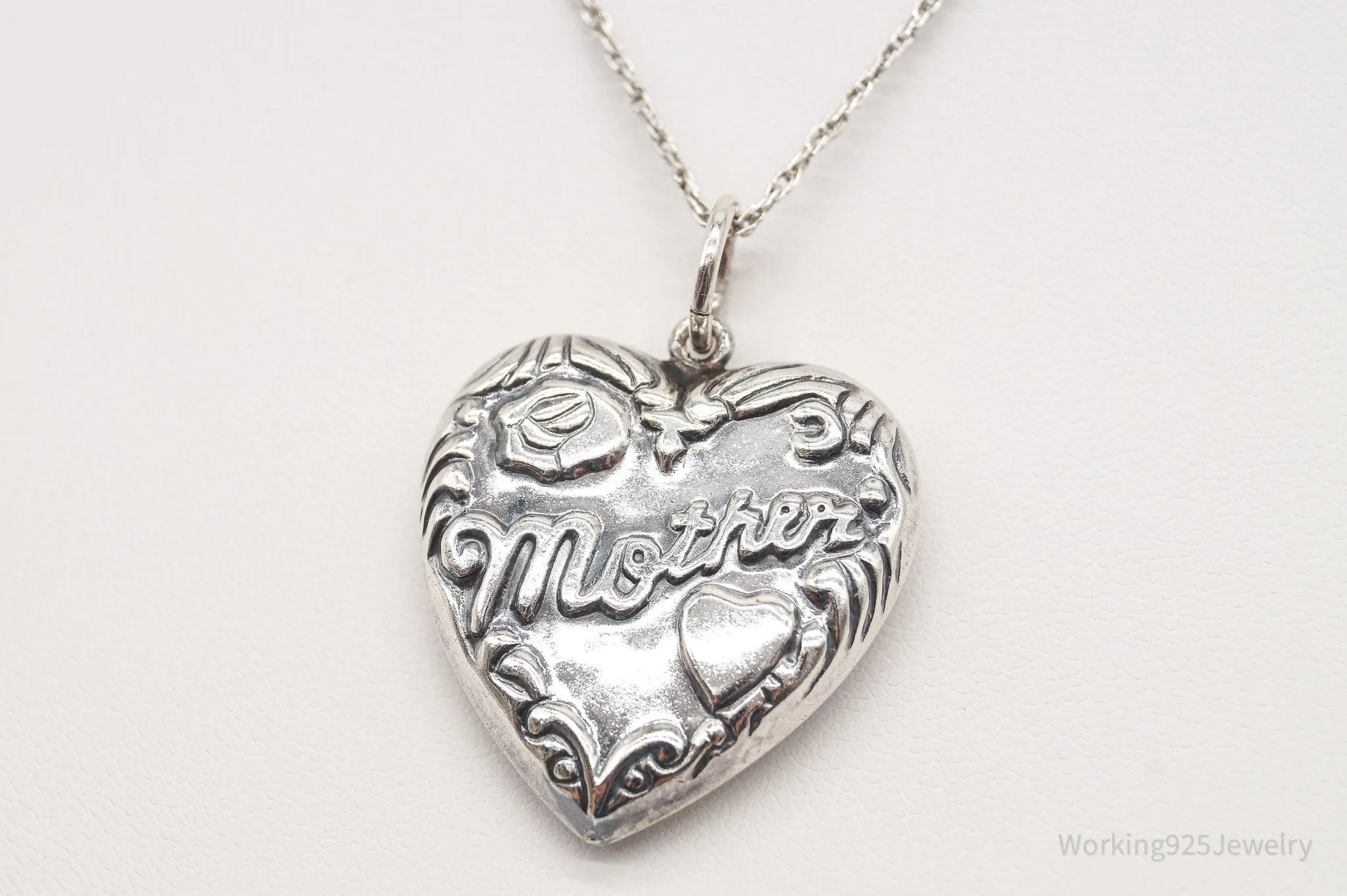 Vintage Large Puffy Heart Mother Charm Sterling Silver Necklace