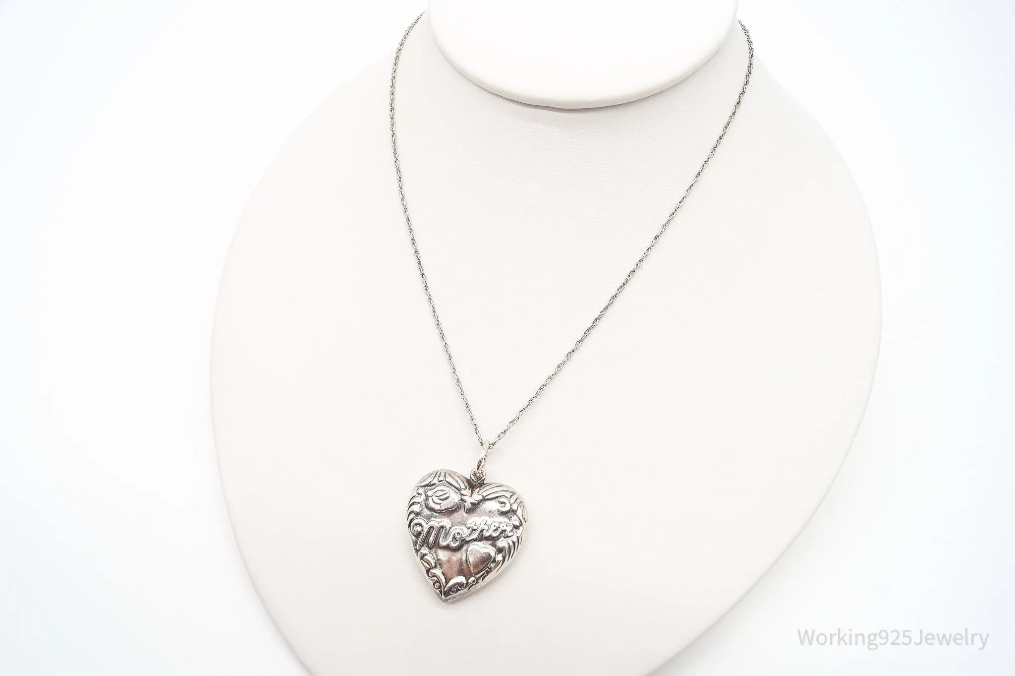 Vintage Large Puffy Heart Mother Charm Sterling Silver Necklace