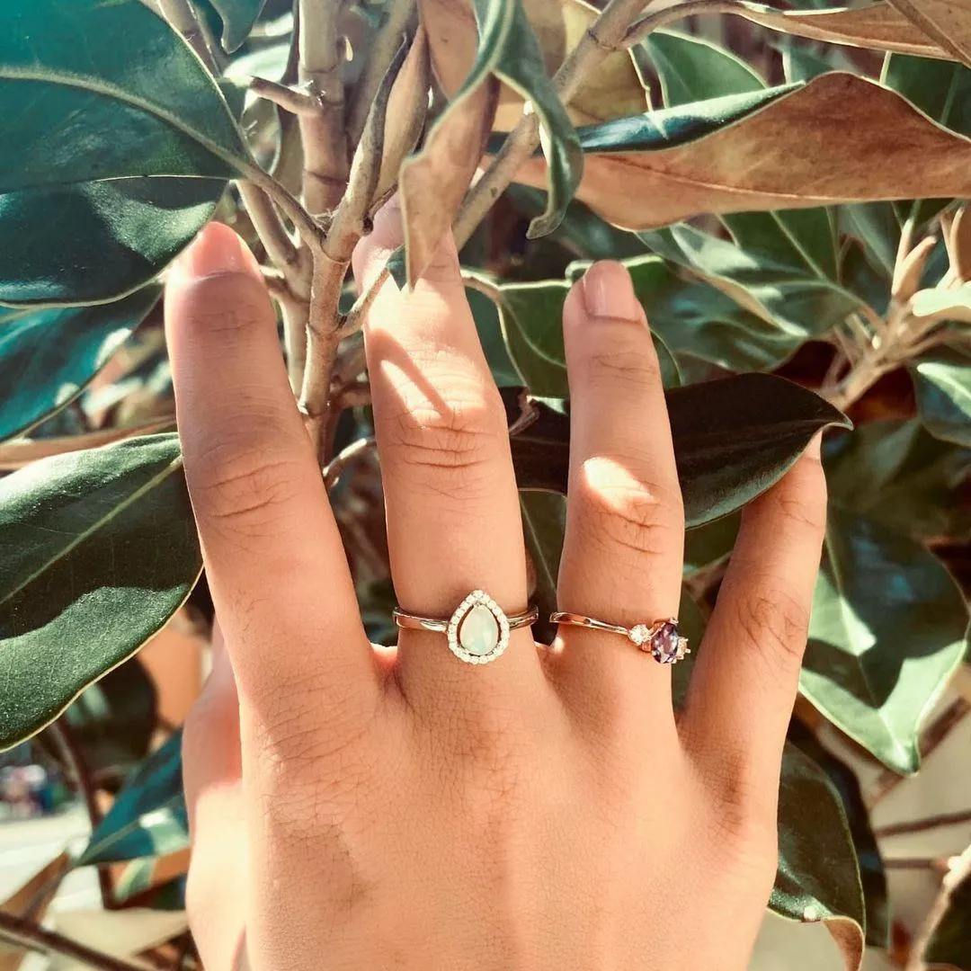 White Opal Teardrop Halo Ring