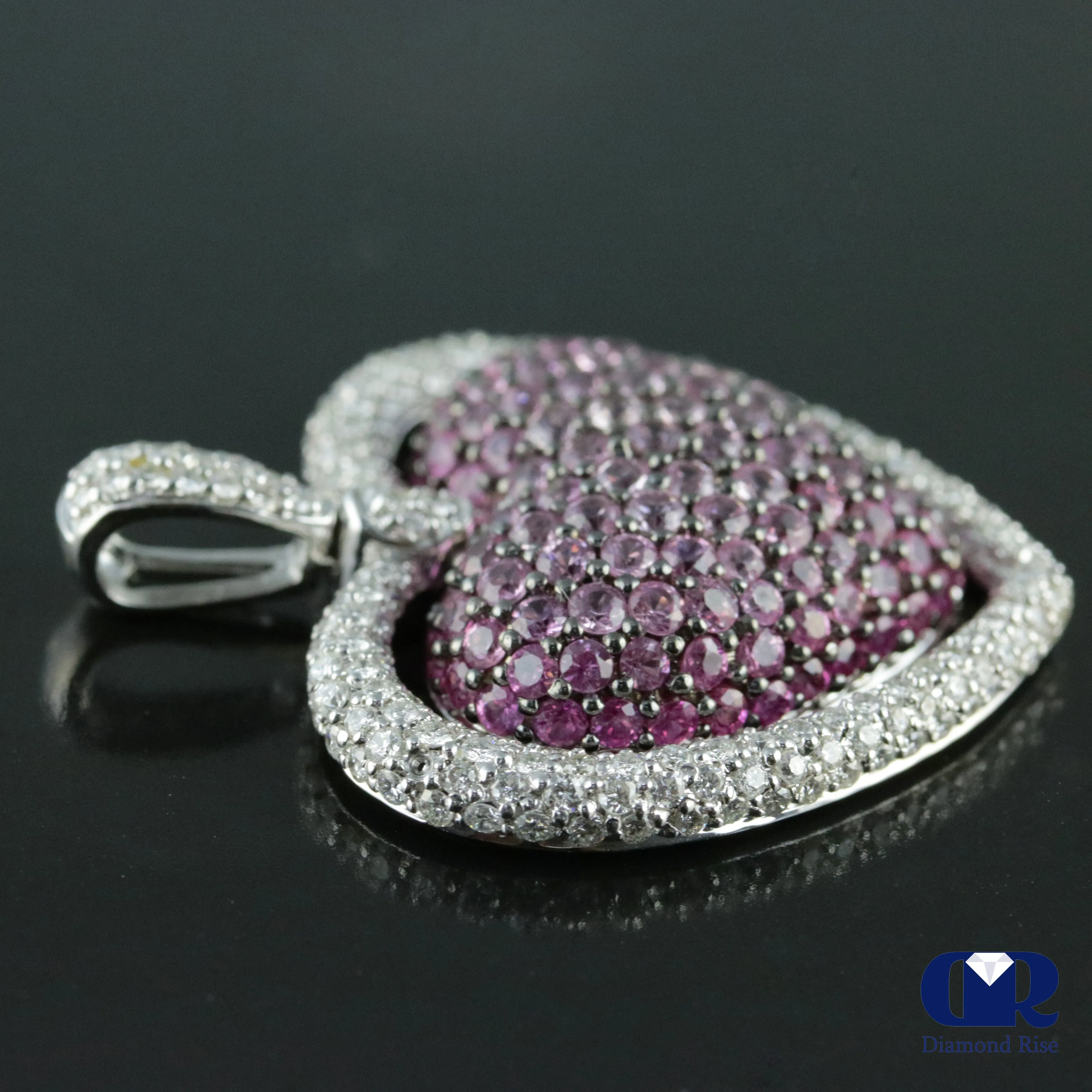 Women's Large Double Heart Diamond & Pink Sapphire Pendant Necklace In 18K White Gold