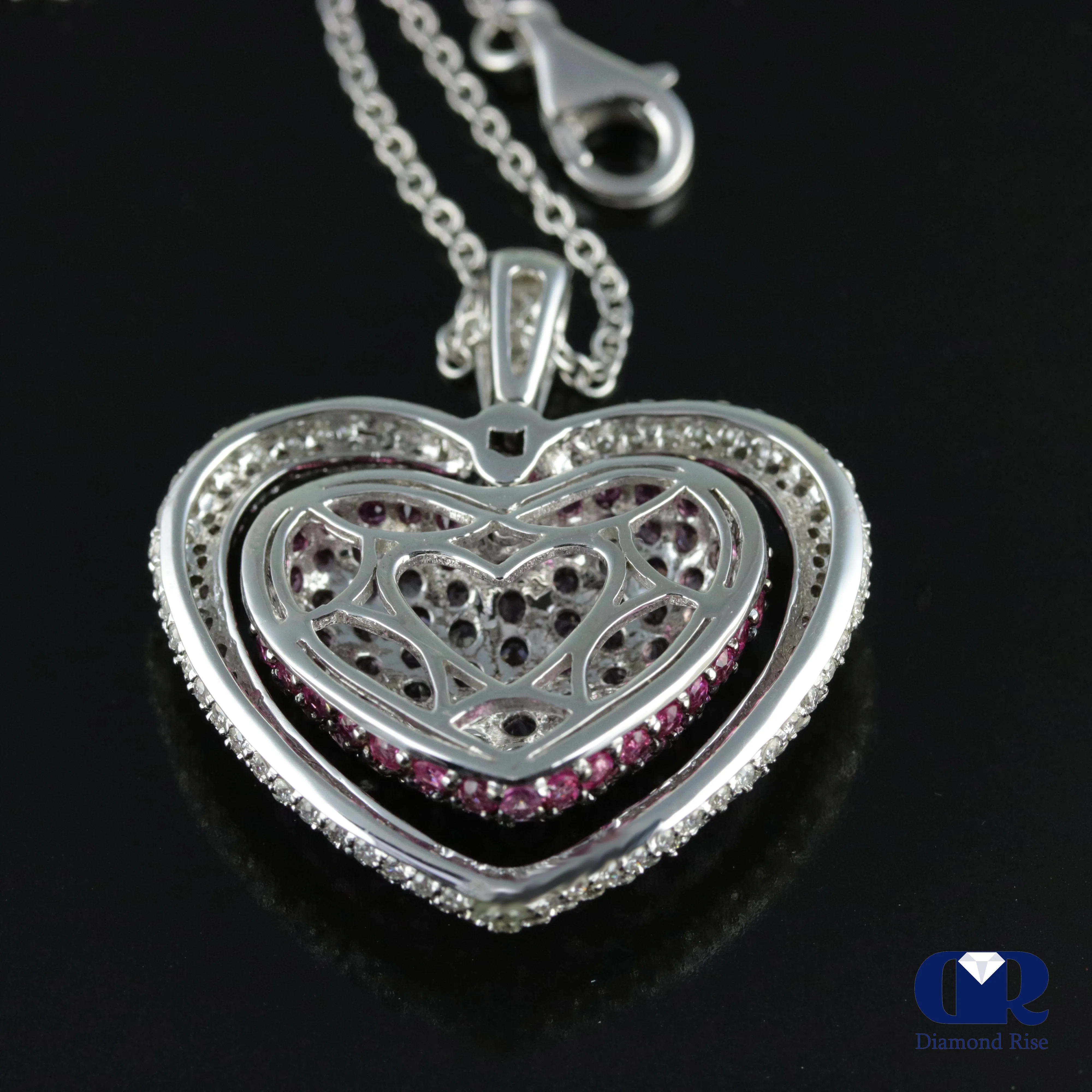 Women's Large Double Heart Diamond & Pink Sapphire Pendant Necklace In 18K White Gold