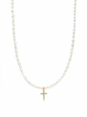 Women's Mini Pearl Choker with Cross