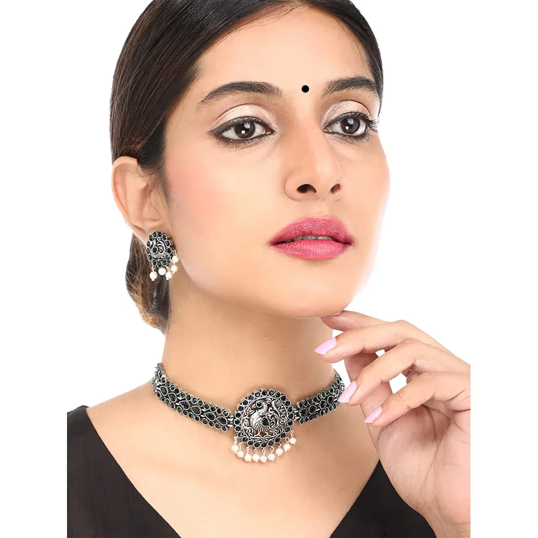 Yellow Chimes Ethnic German Silver Oxidised Black studded stones Peacock Design Choker Necklace Set Traditional Jewellery Set for Women and Girls, Medium (YCTJNS-55PCKSTN-BK)