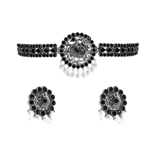 Yellow Chimes Ethnic German Silver Oxidised Black studded stones Peacock Design Choker Necklace Set Traditional Jewellery Set for Women and Girls, Medium (YCTJNS-55PCKSTN-BK)