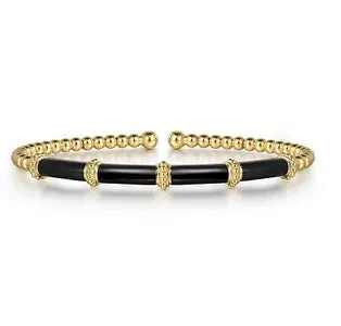 Yellow Gold Bujukan Beads Split Bangle Bracelet with Black Enamel